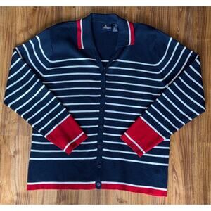 Vintage Liz Claiborne Cardigan Sweater Size L Blue‎ White Beach Cottagecore EUC
